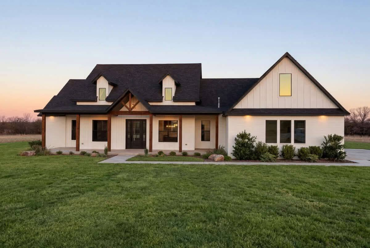 Newly built luxury custom home exterior at dusk
