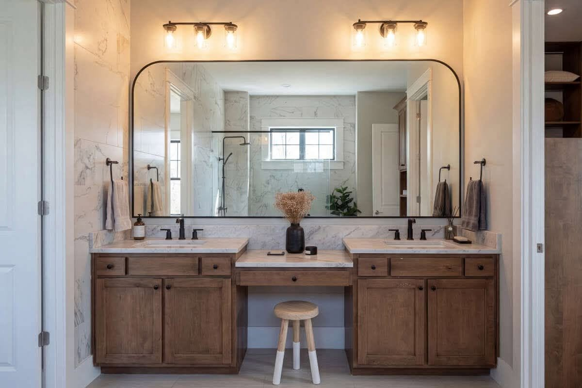 Double vanity with marble slab and bronze fixtures